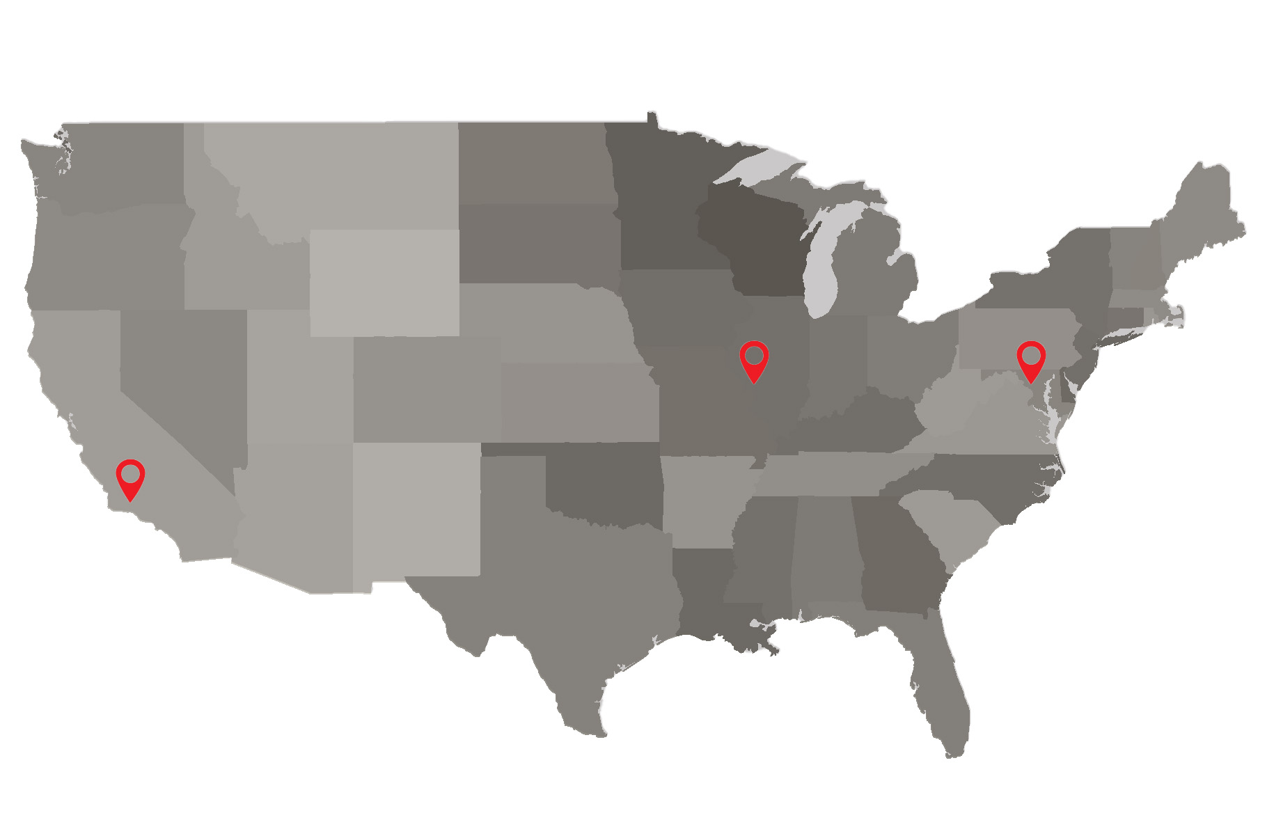 USA Gray with red markers for  locations of offices